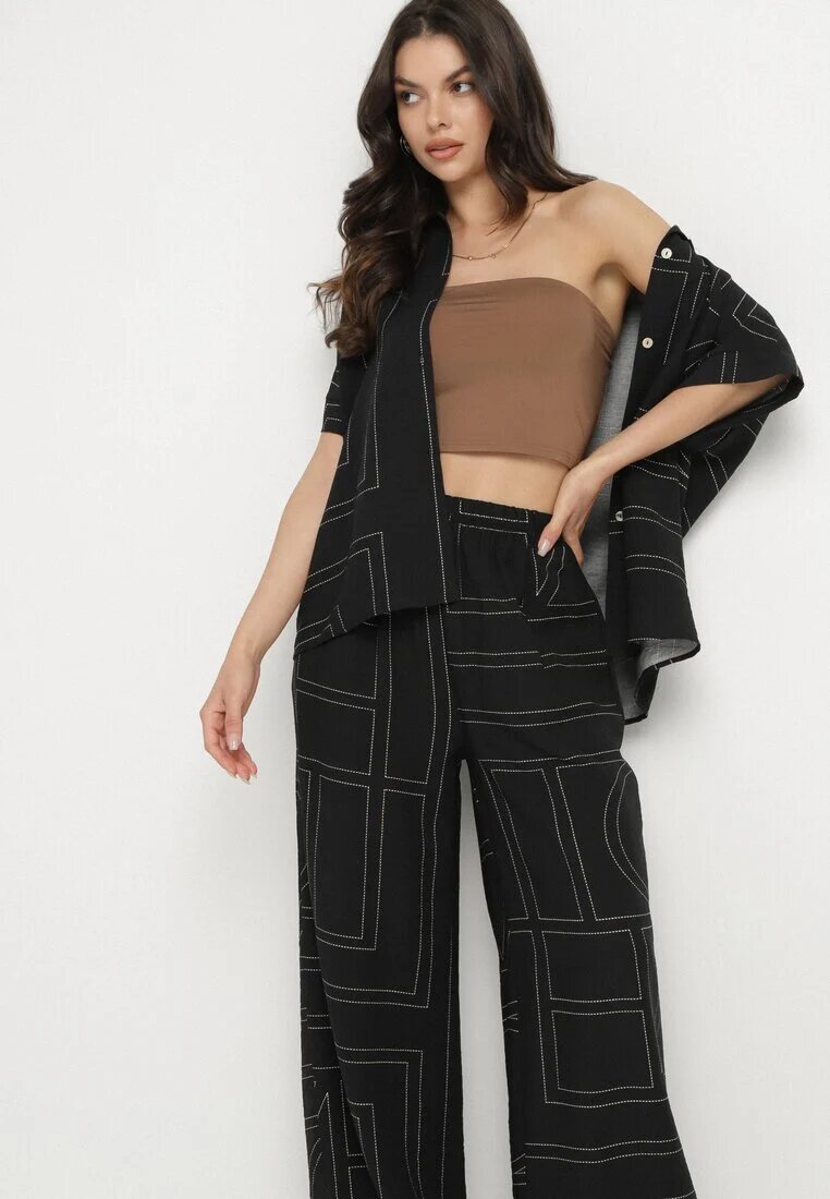 rosita Set Negru cu In și Vâscoză Cămașă și Pantaloni cu Model Geometric Fevoline