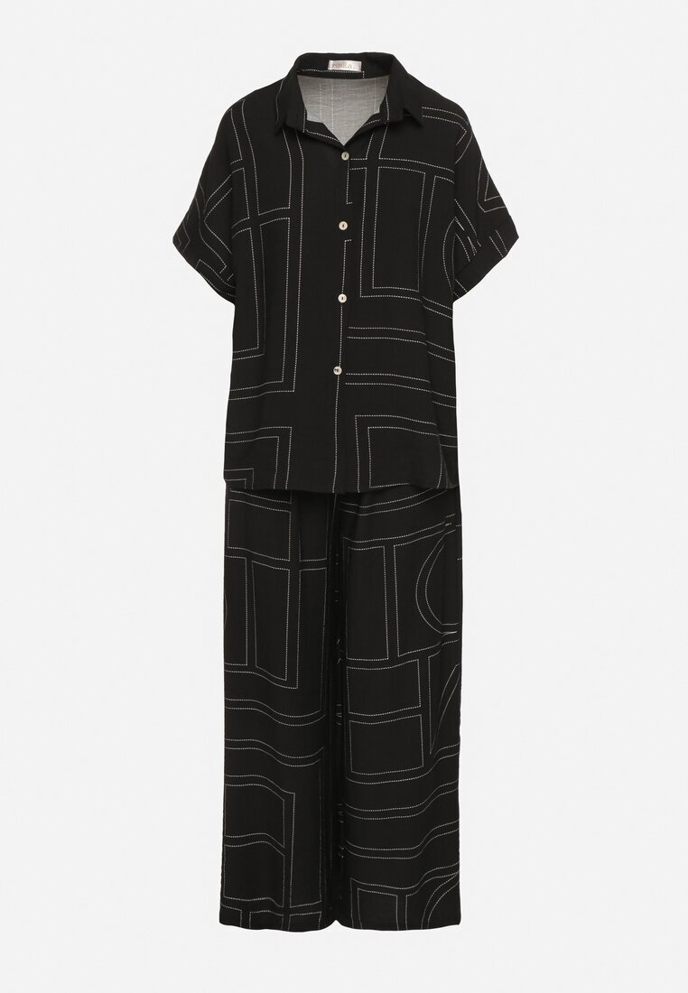 rosita Set Negru cu In și Vâscoză Cămașă și Pantaloni cu Model Geometric Fevoline