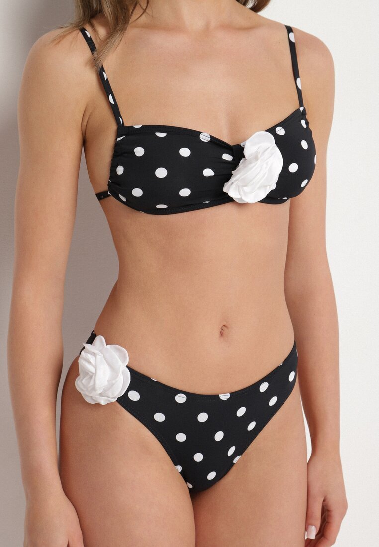 rosse line Bikini Alb-Negru cu Buline Sutien și slip cu Aplicații Florale Moritia