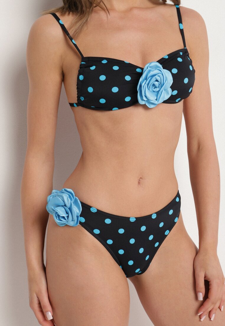 rosse line Bikini Albastru-Negru cu Buline Sutien și Chiloți Figi cu Aplicații Florale Moritia