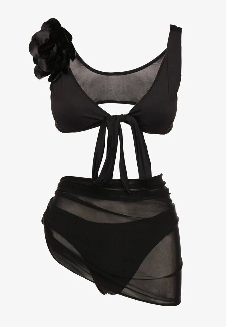rosse line Bikini Negru Sutien cu Floare 3D Detașabilă Chiloți Figi și Pareo din plasă Folane