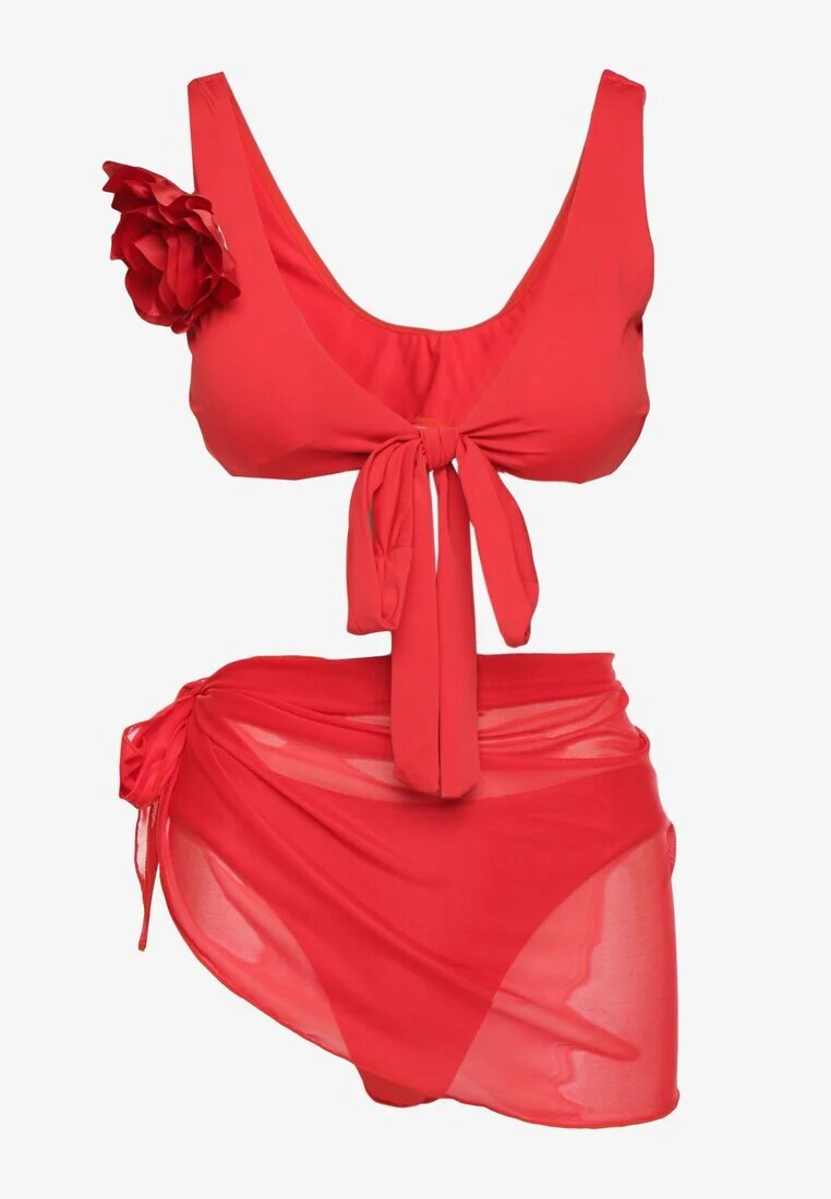 rosse line Bikini Roșu Sutien cu Floare 3D Detașabilă Slip și Pareo din plasă Folane