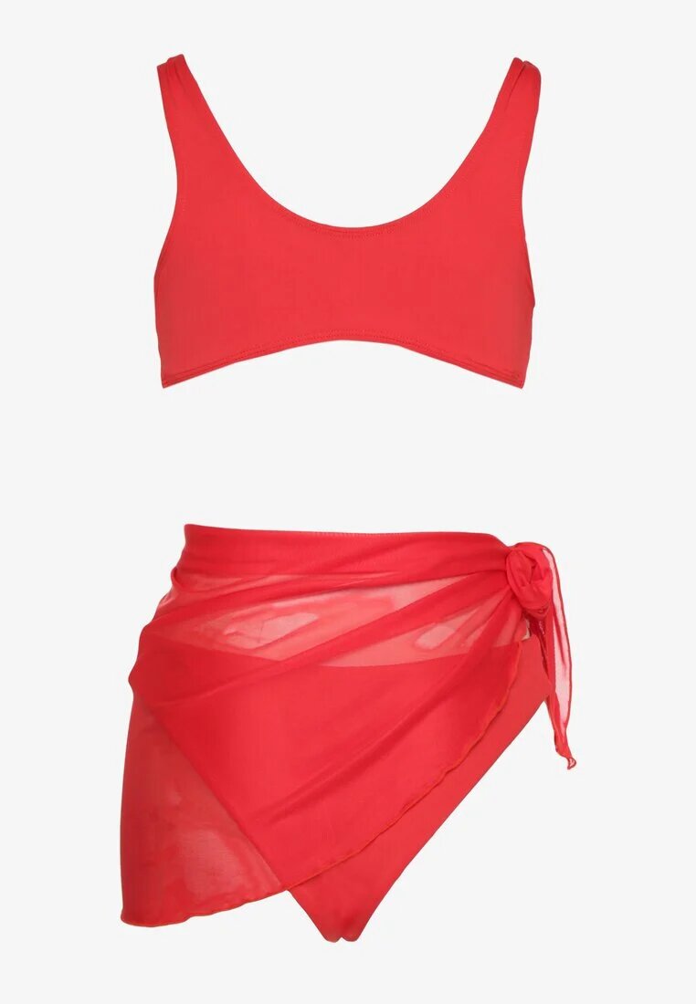 rosse line Bikini Roșu Sutien cu Floare 3D Detașabilă Slip și Pareo din plasă Folane