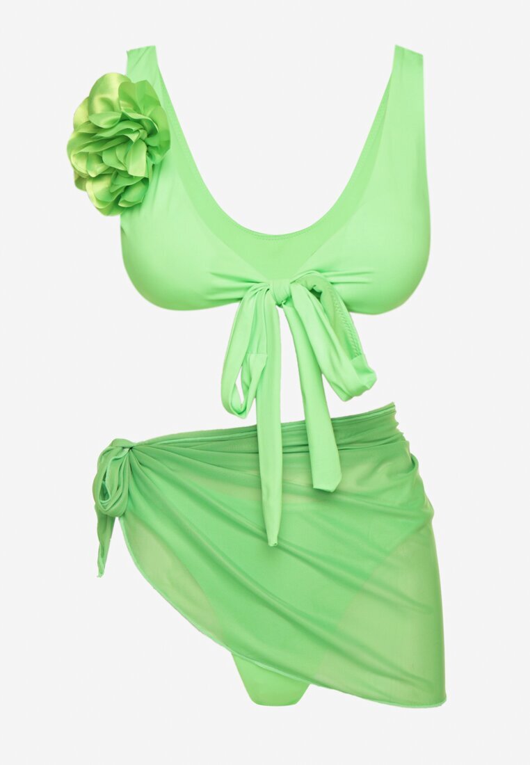 rosse line Bikini Verde deschis Sutien cu Floare 3D detașabilă Slip tip chilot și Pareo plasă Folane