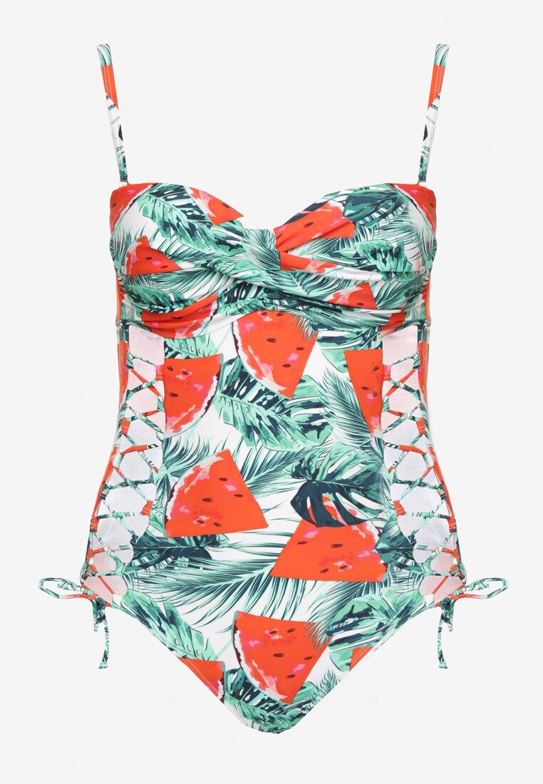 rosse line Costum de baie Alb-Verde cu Motiv Frunze și Legătură Nevalitfe