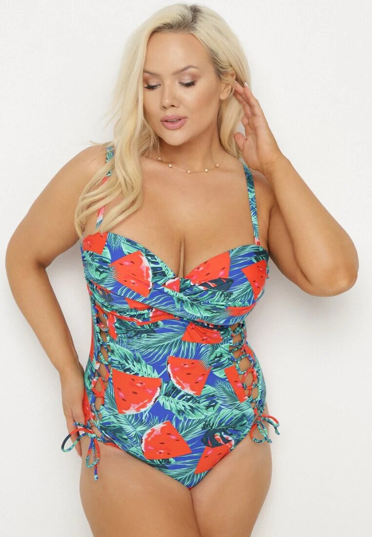 rosse line Costum de baie Albastru-Roșu cu Model Frunze și Legătură Nevalitfe