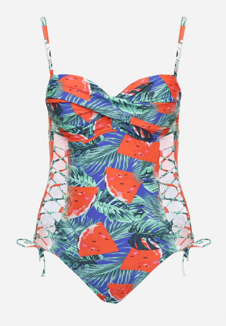 rosse line Costum de baie Albastru-Roșu cu Model Frunze și Legătură Nevalitfe