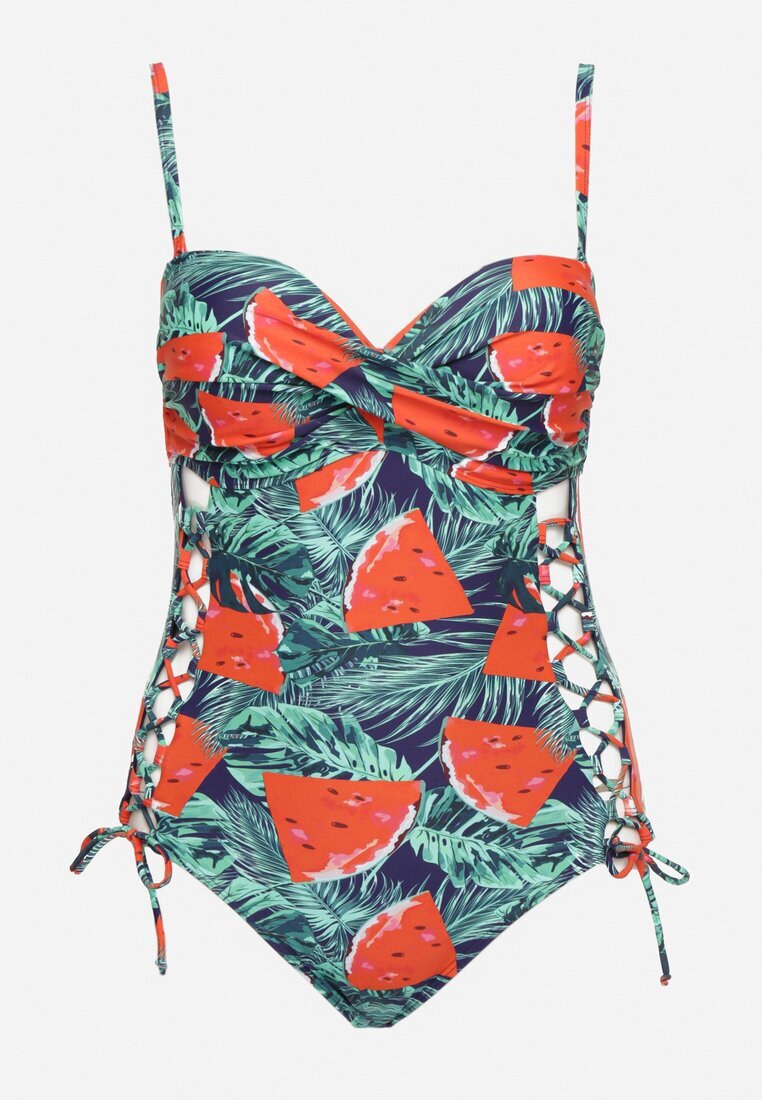rosse line Costum de baie Bleumarin-Roșu cu model frunze și legătură Nevalitfe