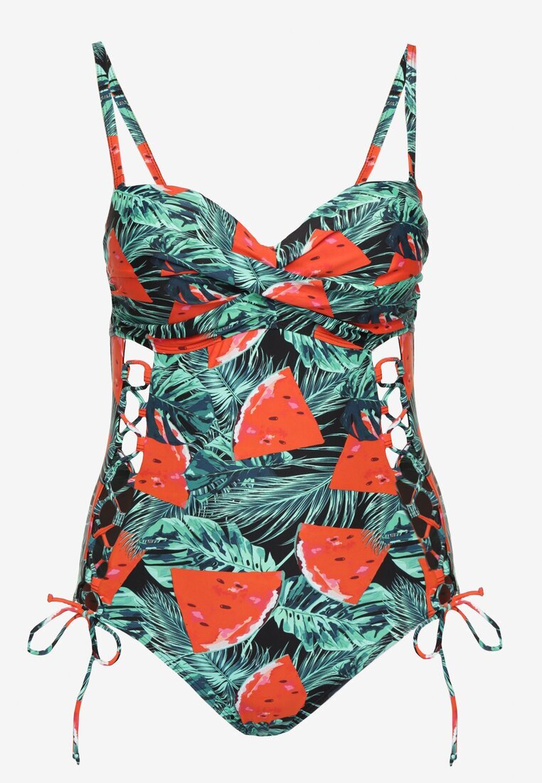 rosse line Costum de baie Verde-Roșu cu Motiv Frunze și Legătură Nevalitfe