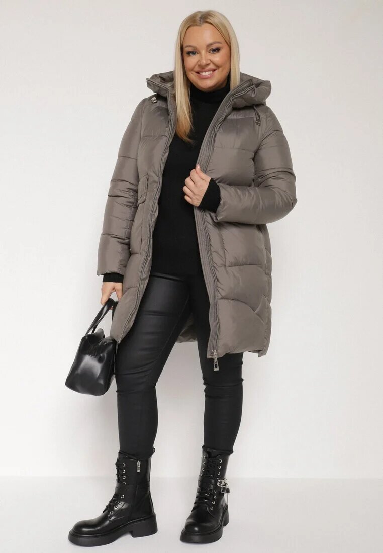 rosse line Geacă Gri Lungă Matlasată cu Glugă Nedetașabilă Mevessia