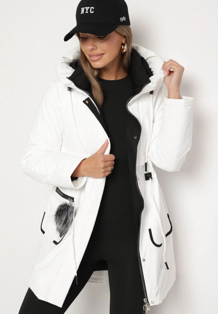 rosse line Geacă Parka Albă cu Glugă și Pandantiv Decorativ Strânsă în Talie Zerilie