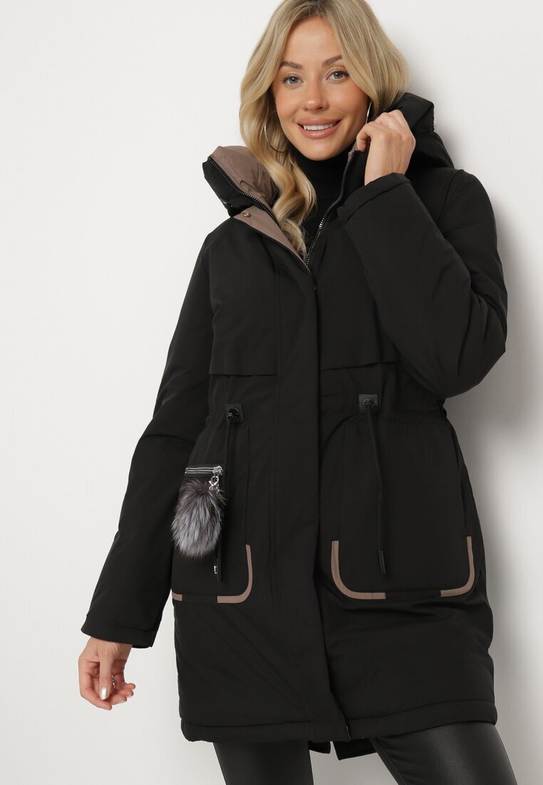 rosse line Geacă Parka Neagră cu Glugă și Breloc Decorativ Ajustabilă în Talie Zerilie