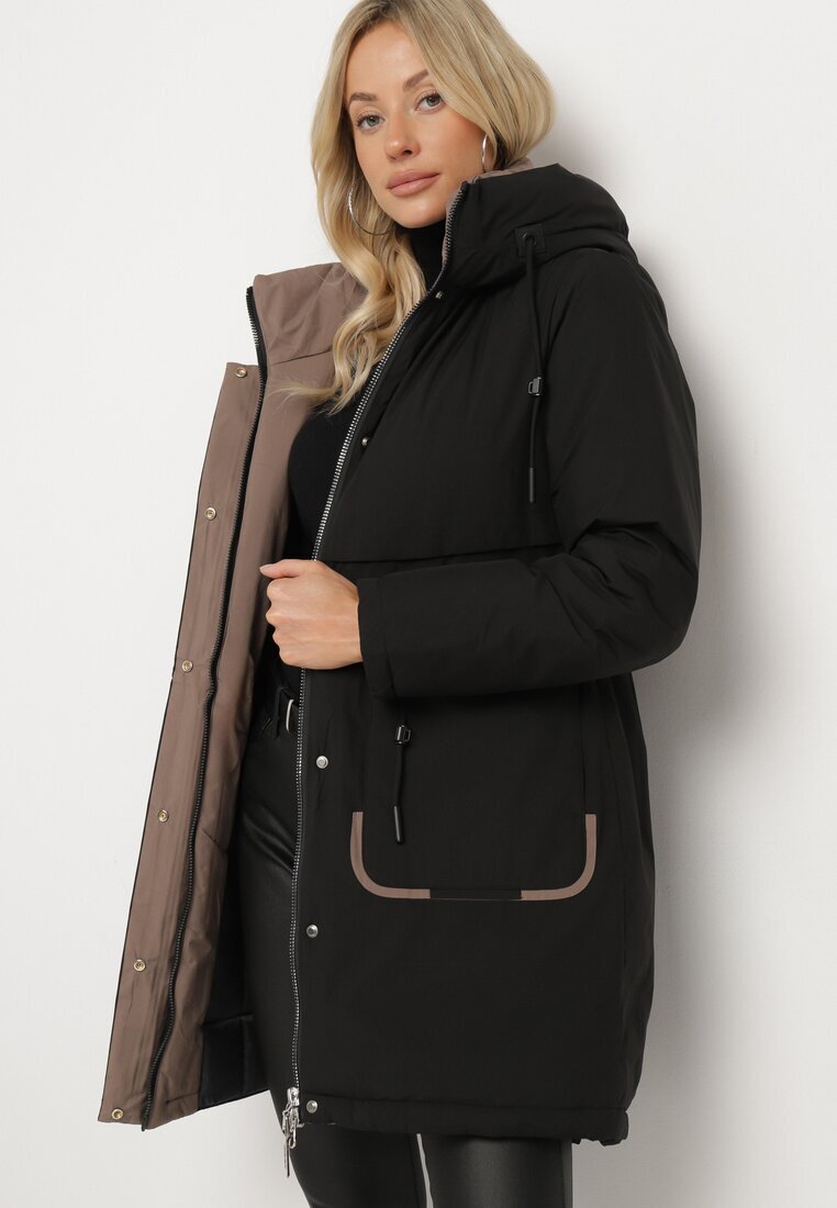 rosse line Geacă Parka Neagră cu Glugă și Breloc Decorativ Ajustabilă în Talie Zerilie
