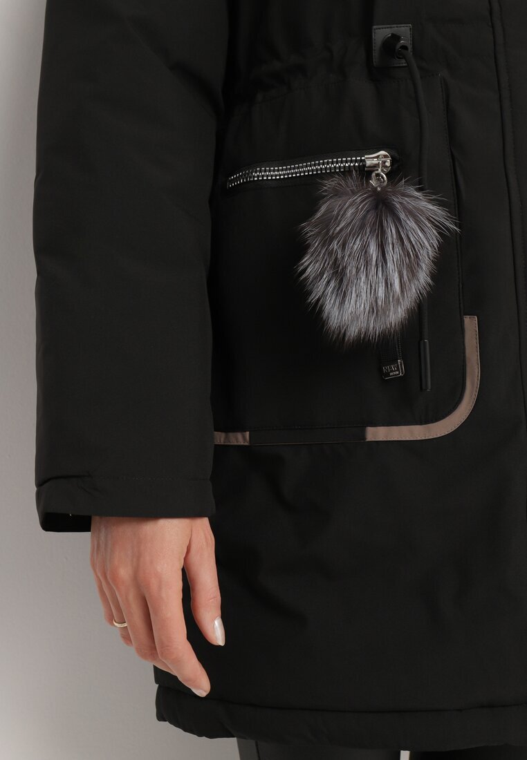 rosse line Geacă Parka Neagră cu Glugă și Breloc Decorativ Ajustabilă în Talie Zerilie