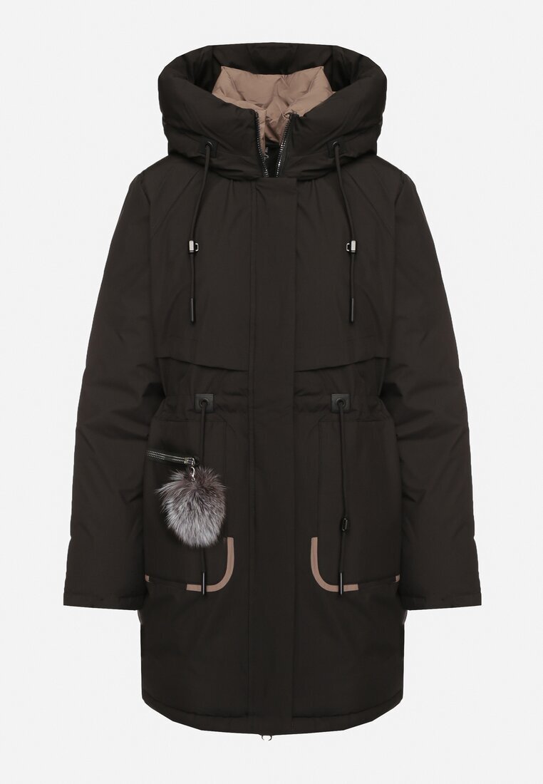 rosse line Geacă Parka Neagră cu Glugă și Breloc Decorativ Ajustabilă în Talie Zerilie