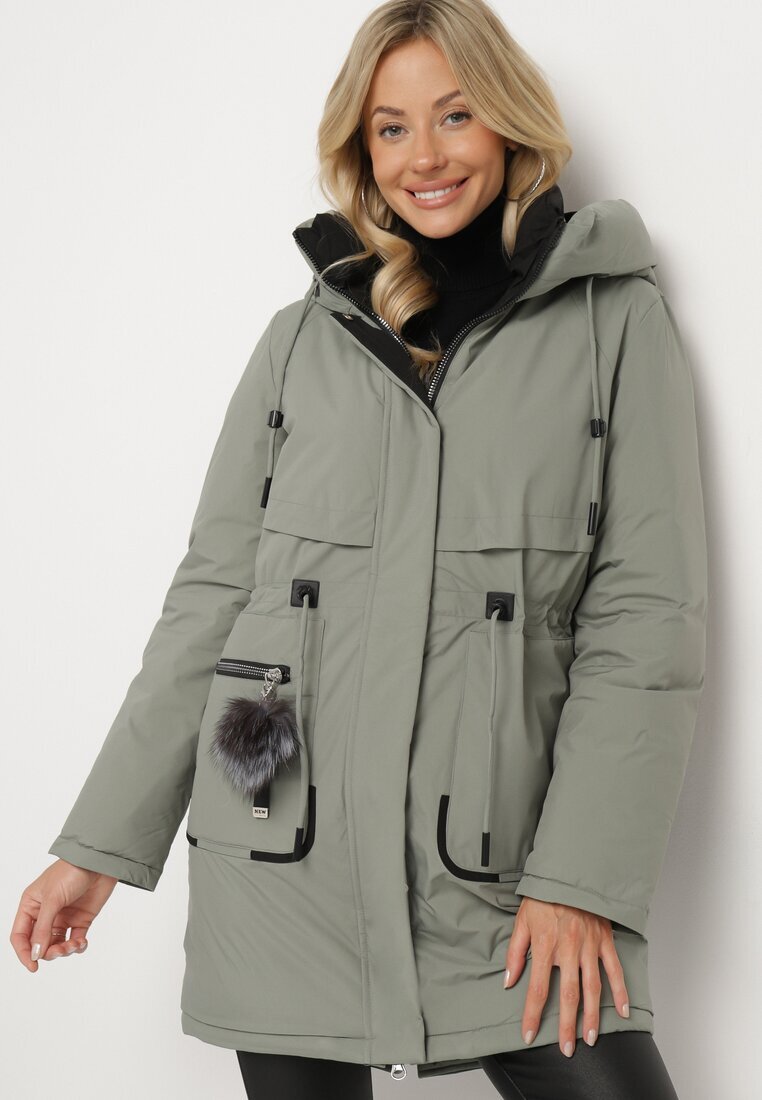 rosse line Jachetă Parka Verde cu Glugă și Pandantiv Decorativ Strânsă în Talie Zerilie