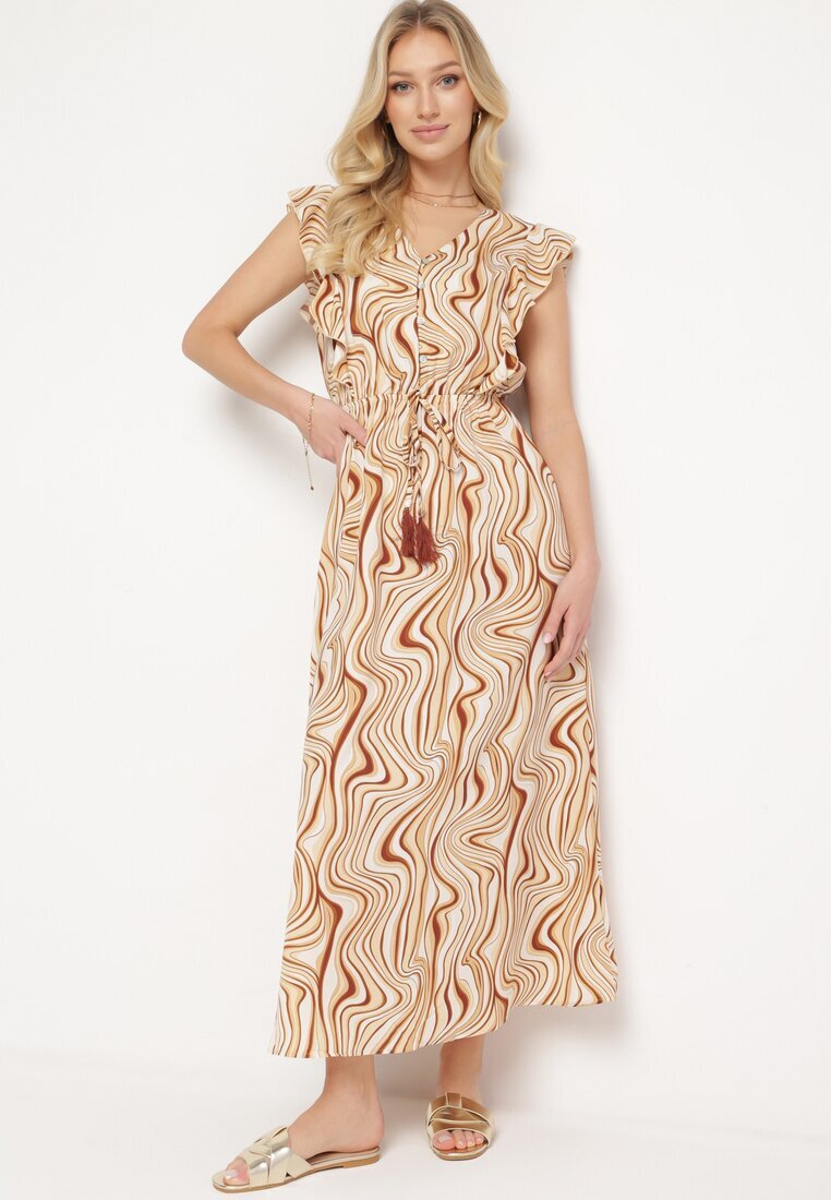 rosse line Rochie Bej Închisă cu Nasturi cu Elastic în Talie și Volane Keltella