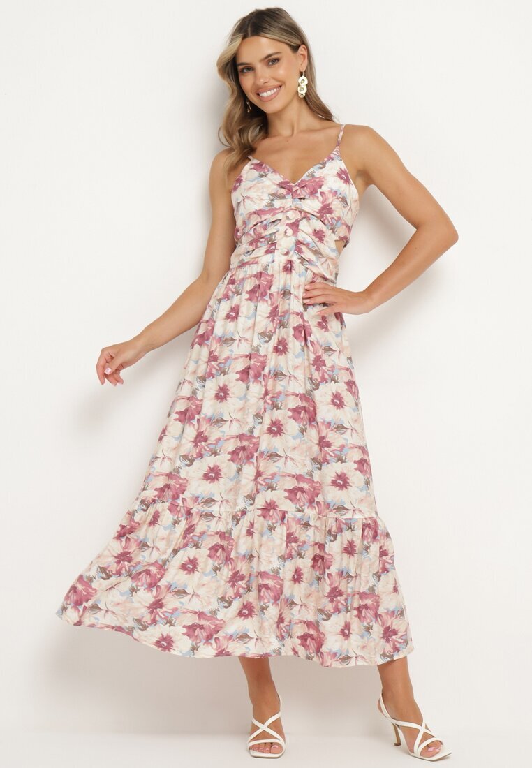 rosse line Rochie mov deschis florală cu bretele reglabile cu șlițuri și nasturi decorativi Dimllie