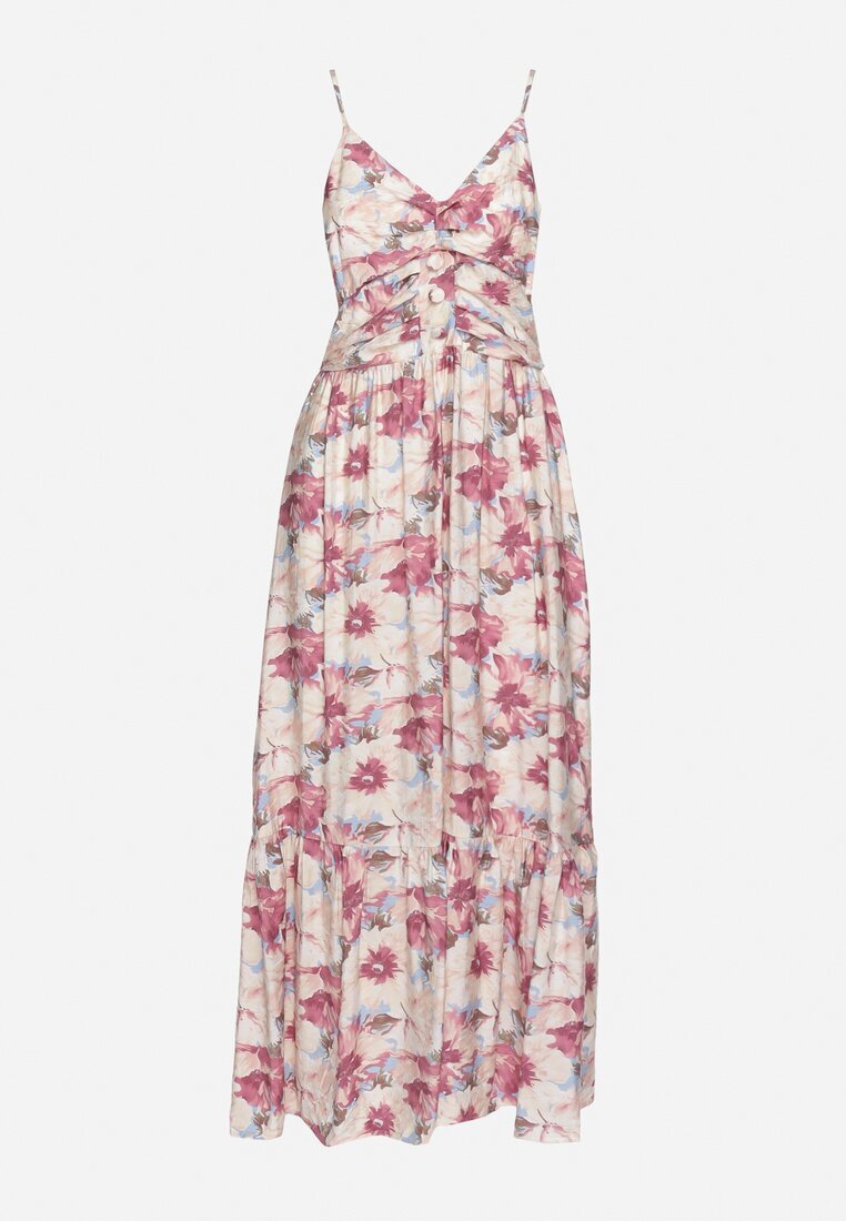 rosse line Rochie mov deschis florală cu bretele reglabile cu șlițuri și nasturi decorativi Dimllie