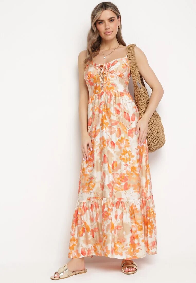 rosse line Rochie Portocalie din Viscoză și Bumbac Evazată cu Imprimeu Floral cu Legătură Decorativă Wiama