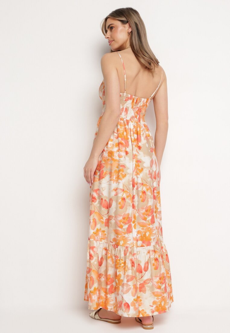 rosse line Rochie Portocalie din Viscoză și Bumbac Evazată cu Imprimeu Floral cu Legătură Decorativă Wiama