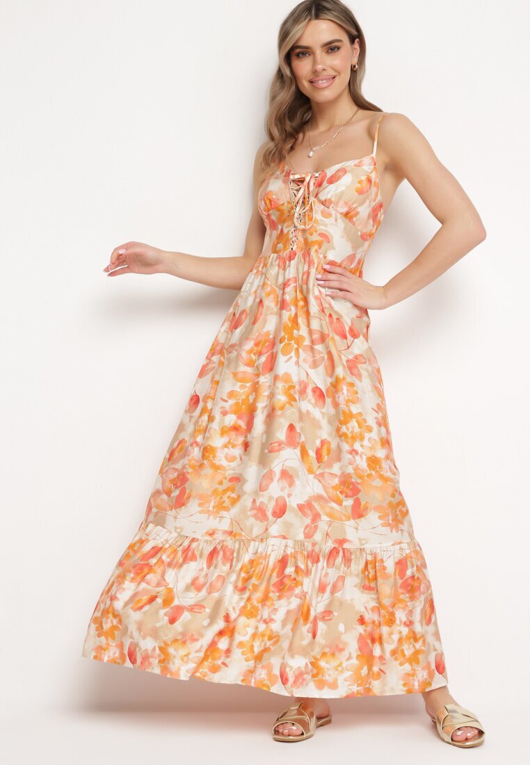 rosse line Rochie Portocalie din Viscoză și Bumbac Evazată cu Imprimeu Floral cu Legătură Decorativă Wiama