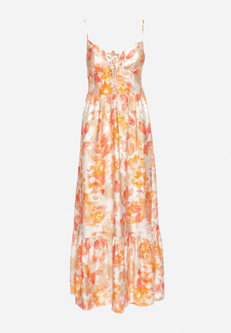 rosse line Rochie Portocalie din Viscoză și Bumbac Evazată cu Imprimeu Floral cu Legătură Decorativă Wiama