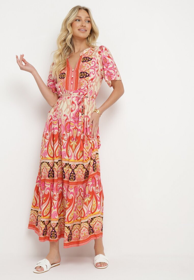 rosse line Rochie Roșie Din viscoză Boho Cu nasturi Cu curea din material în talie Dimovana