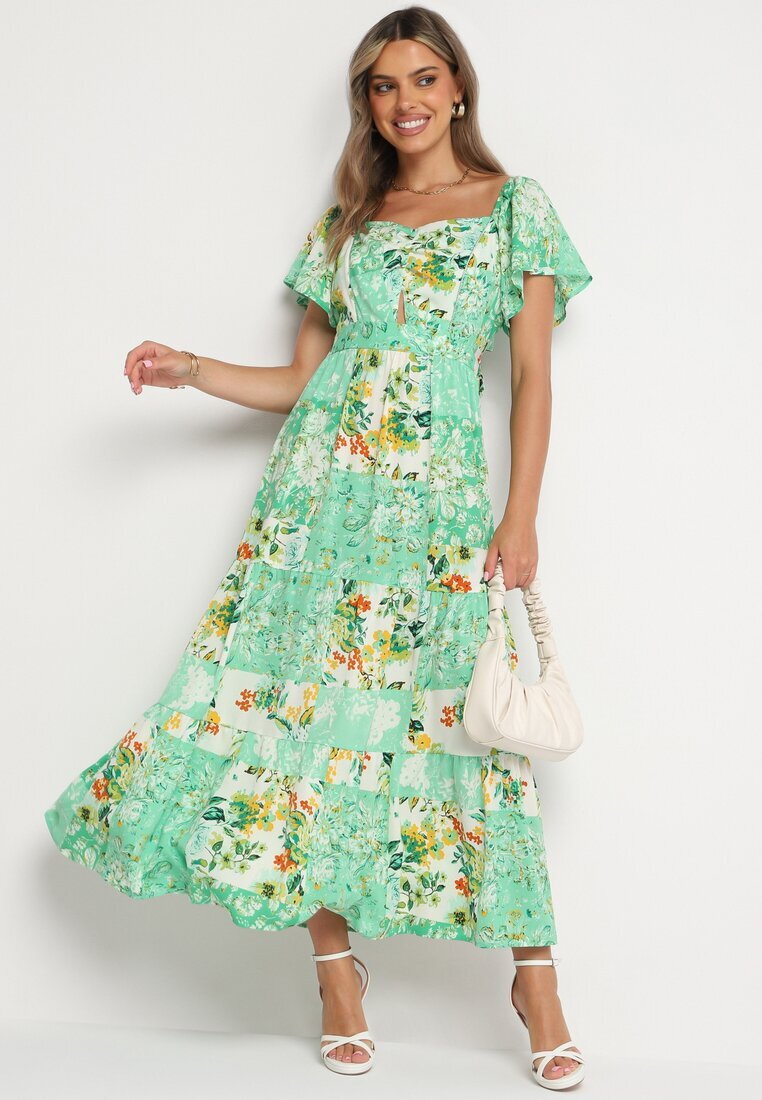 rosse line Rochie Verde cu elastic în talie decorată cu volan nasturi și șnur la spate Dimiila