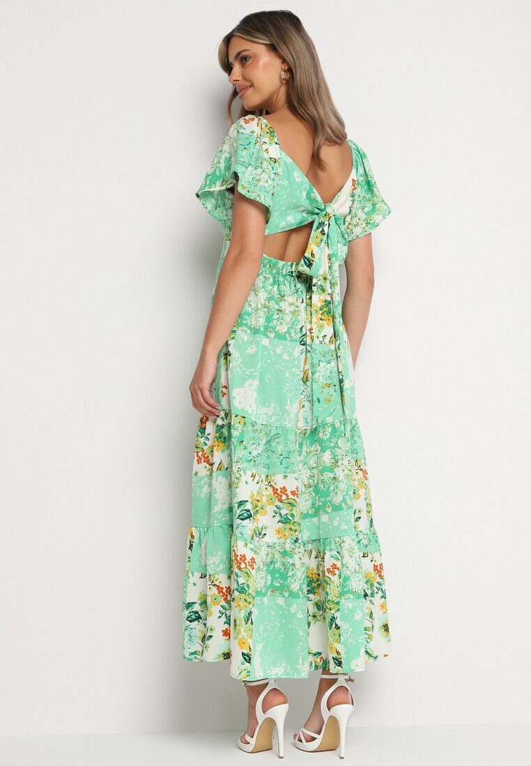 rosse line Rochie Verde cu elastic în talie decorată cu volan nasturi și șnur la spate Dimiila