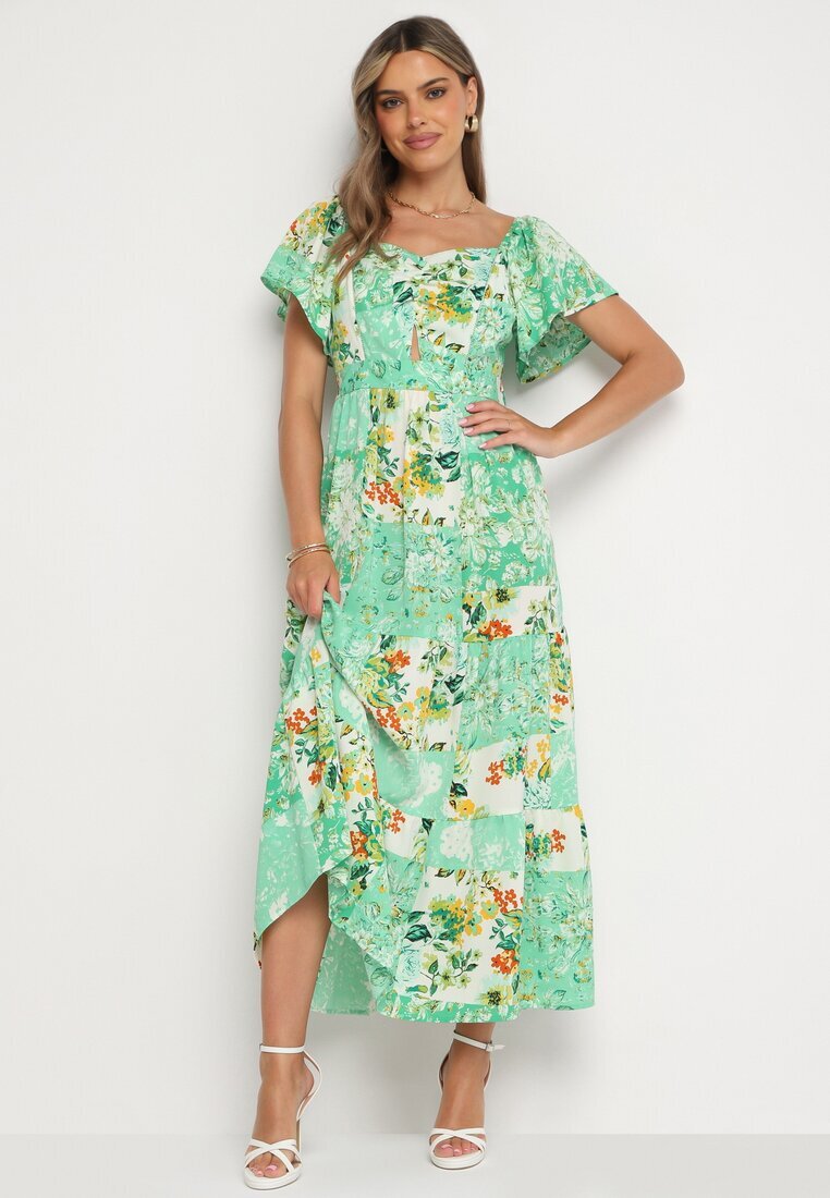 rosse line Rochie Verde cu elastic în talie decorată cu volan nasturi și șnur la spate Dimiila