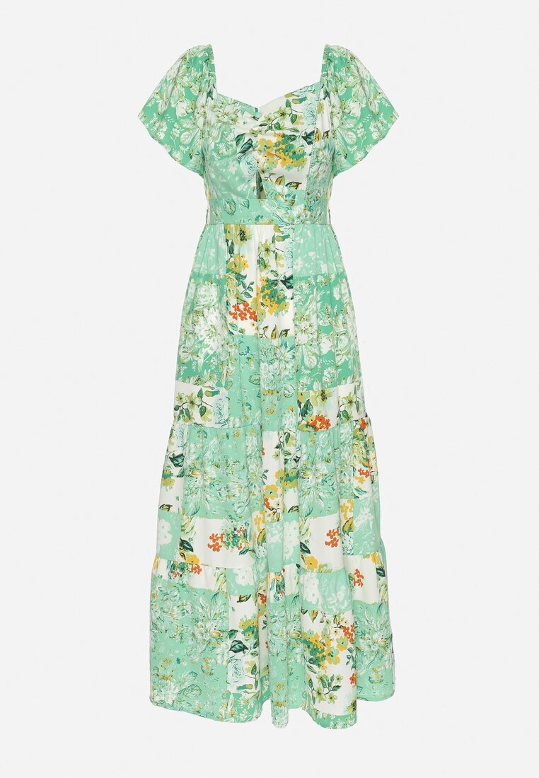 rosse line Rochie Verde cu elastic în talie decorată cu volan nasturi și șnur la spate Dimiila