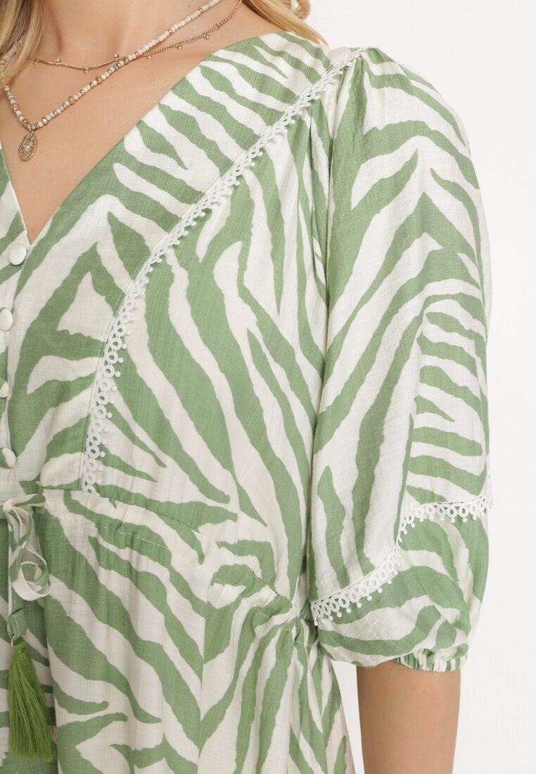 rosse line Rochie Verde deschis din Bumbac și Viscoză cu Dungi Abstracte cu Șnur în Talie Navarae