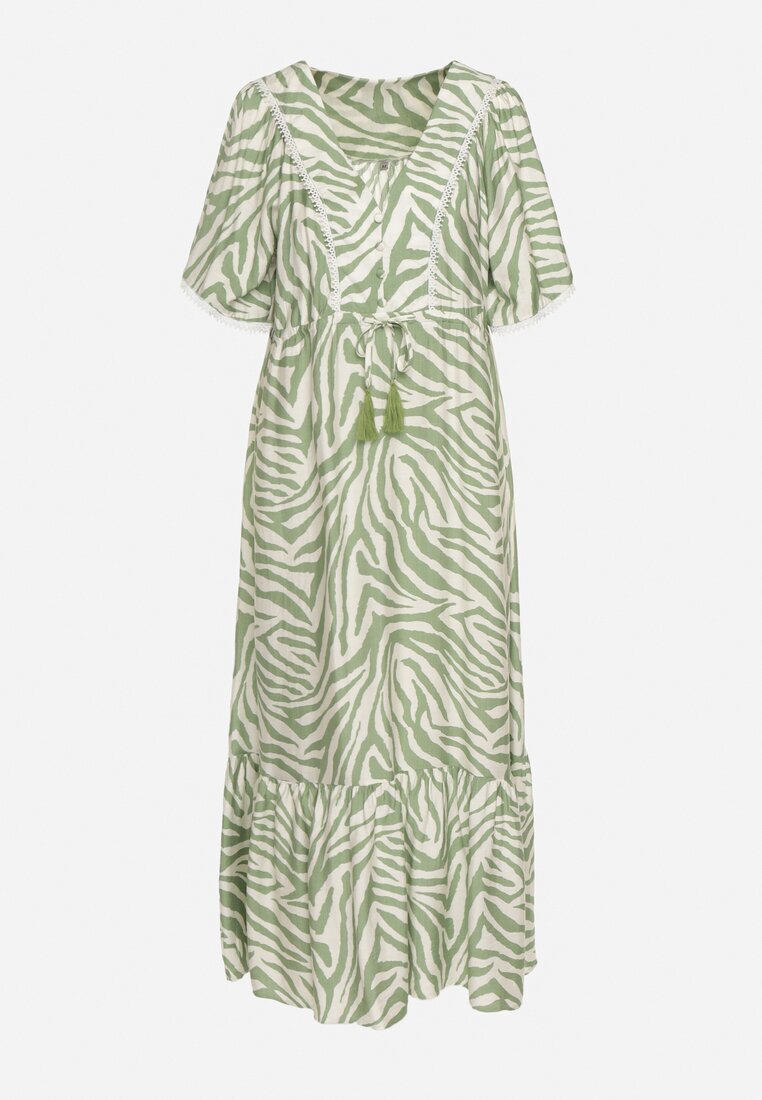 rosse line Rochie Verde deschis din Bumbac și Viscoză cu Dungi Abstracte cu Șnur în Talie Navarae