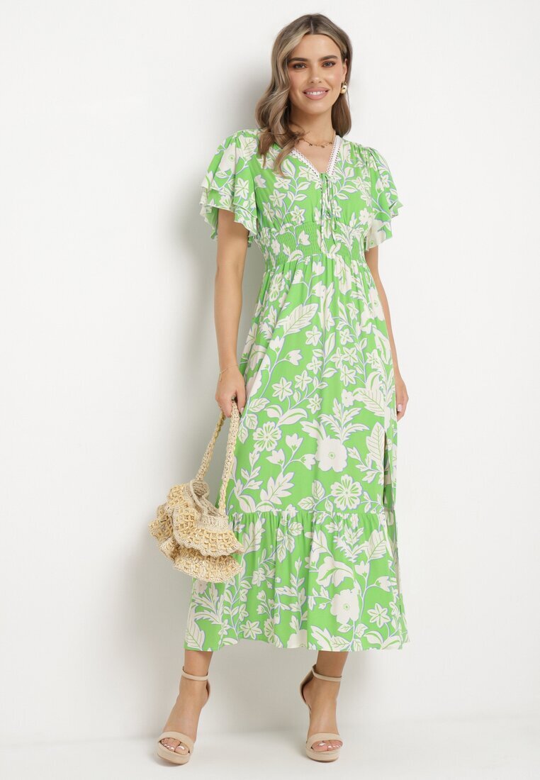 rosse line Rochie Verde deschis din viscoză cloș cu legătură decorativă și panglică din dantelă cu elastic în talie Lalmarie