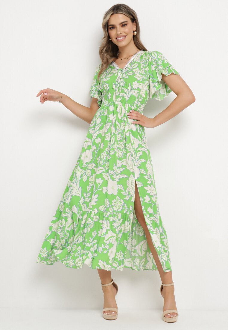 rosse line Rochie Verde deschis din viscoză cloș cu legătură decorativă și panglică din dantelă cu elastic în talie Lalmarie