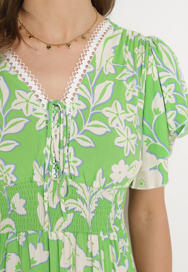 rosse line Rochie Verde deschis din viscoză cloș cu legătură decorativă și panglică din dantelă cu elastic în talie Lalmarie