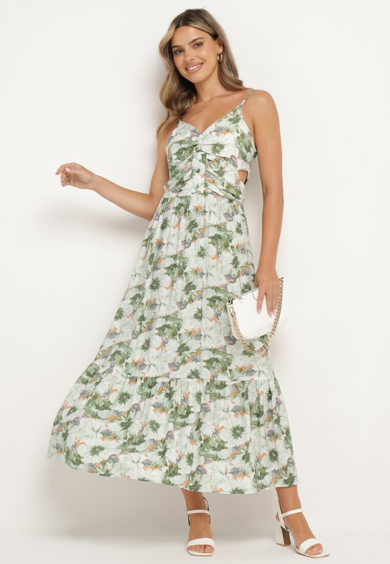 rosse line Rochie Verde deschis Florală cu bretele reglabile cu crăpături și nasturi decorativi Dimllie