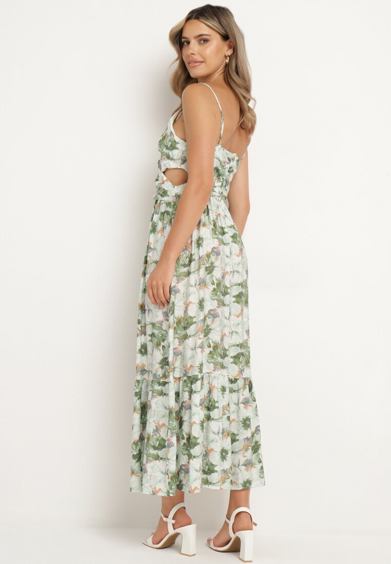 rosse line Rochie Verde deschis Florală cu bretele reglabile cu crăpături și nasturi decorativi Dimllie