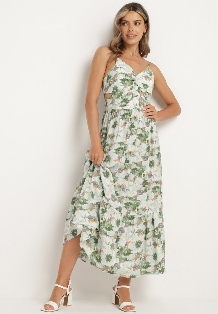 rosse line Rochie Verde deschis Florală cu bretele reglabile cu crăpături și nasturi decorativi Dimllie