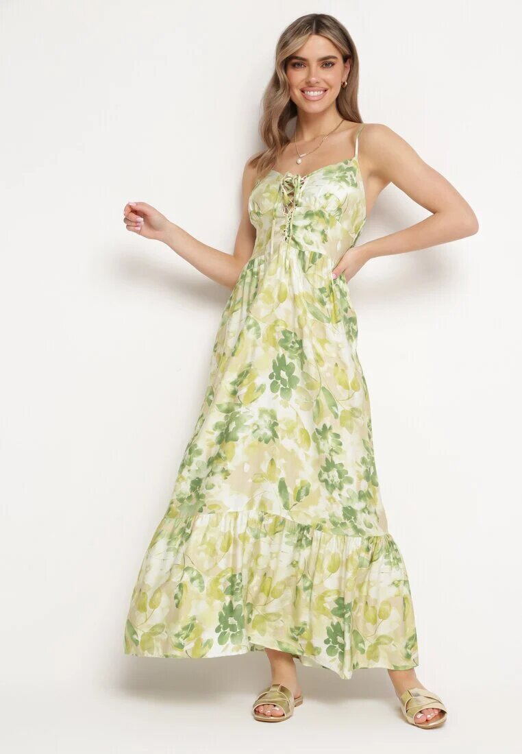 rosse line Rochie Verde din Viscoză și Bumbac Evazată cu Imprimeu Floral și Legătură Decorativă Wiama