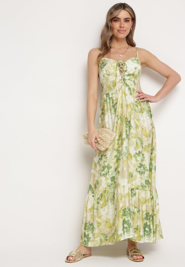 rosse line Rochie Verde din Viscoză și Bumbac Evazată cu Imprimeu Floral și Legătură Decorativă Wiama