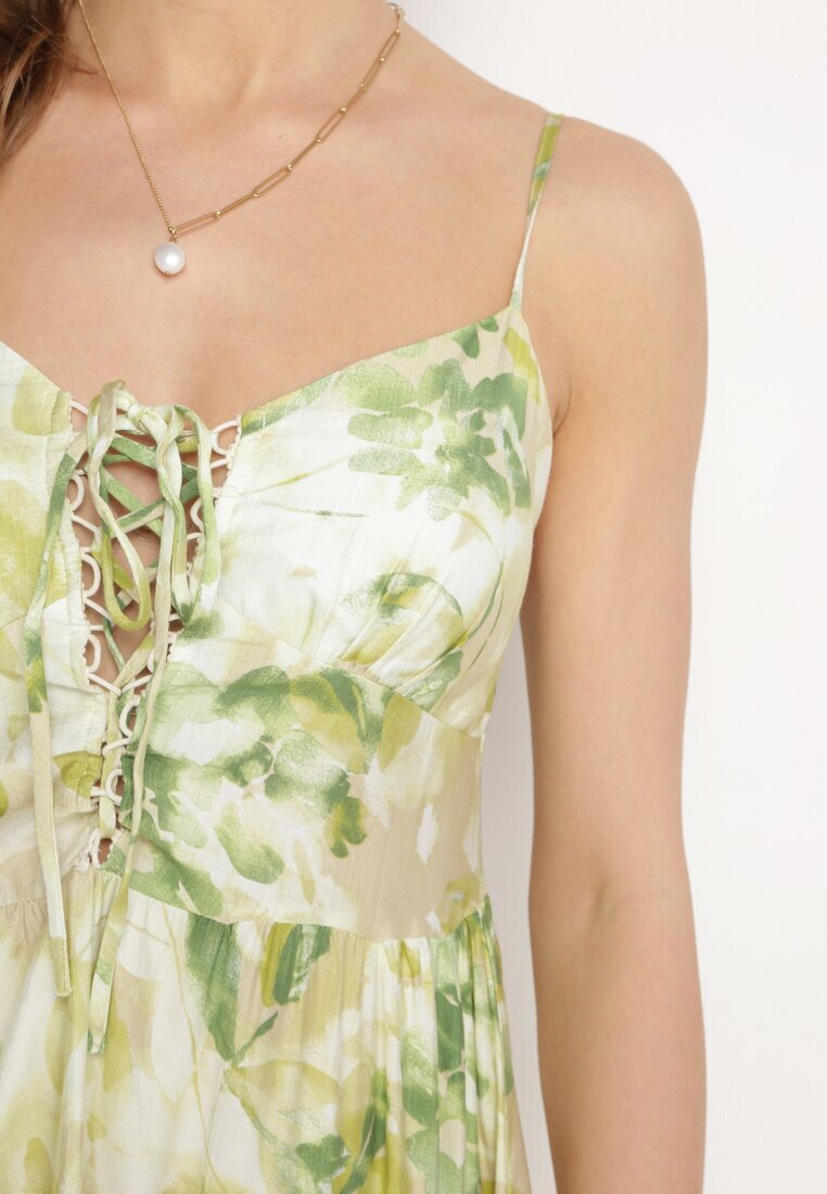 rosse line Rochie Verde din Viscoză și Bumbac Evazată cu Imprimeu Floral și Legătură Decorativă Wiama