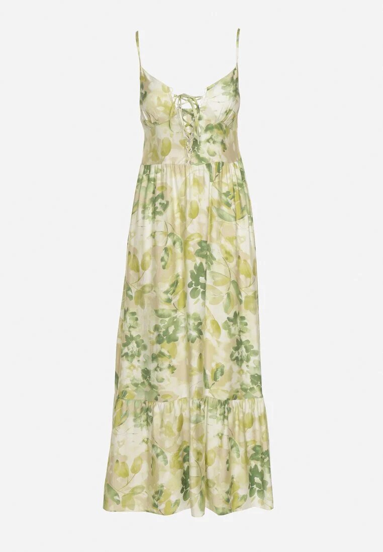 rosse line Rochie Verde din Viscoză și Bumbac Evazată cu Imprimeu Floral și Legătură Decorativă Wiama