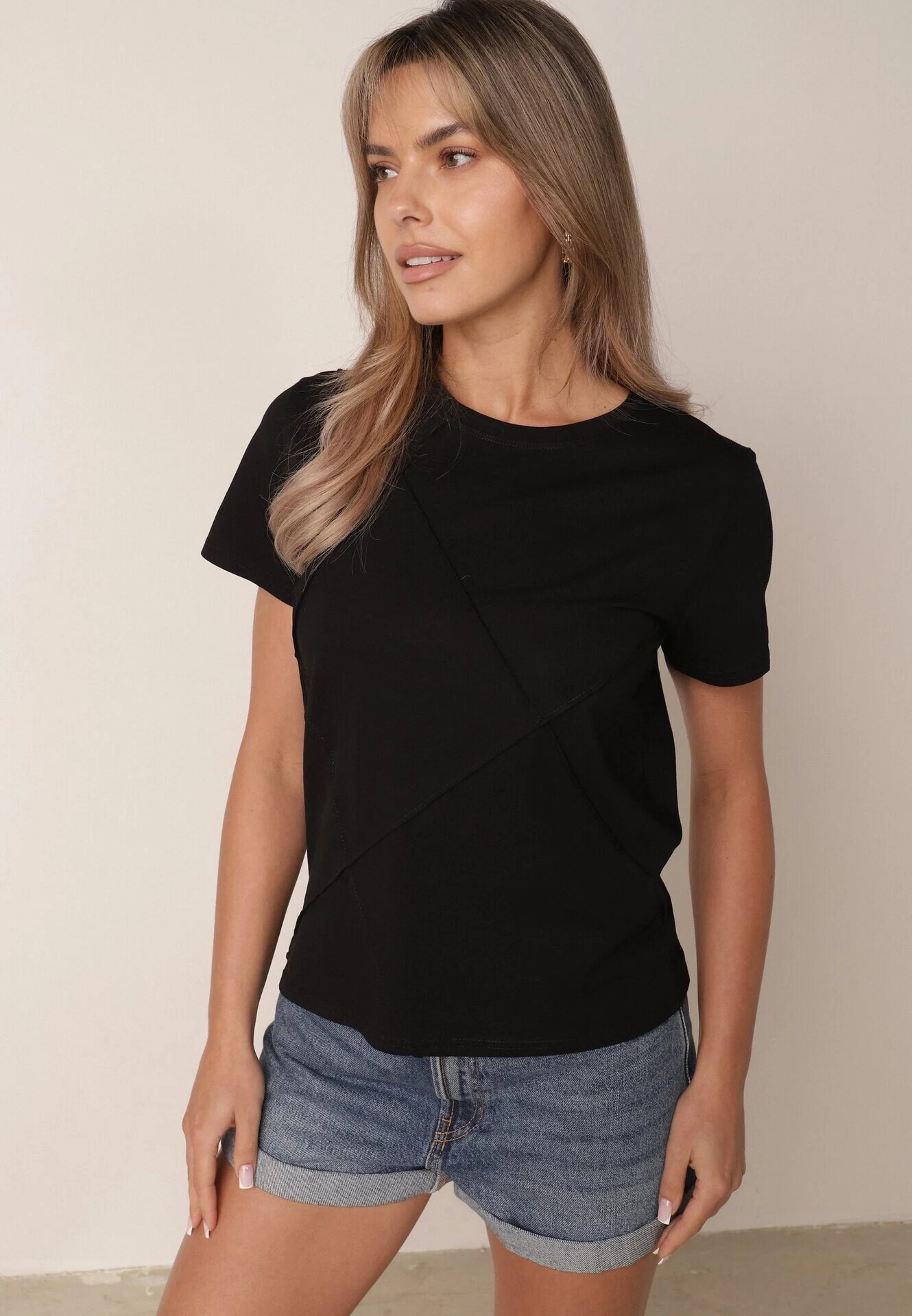 rosse line T-shirt clasic din bumbac decorat cu cusături rombice Onissa Negru