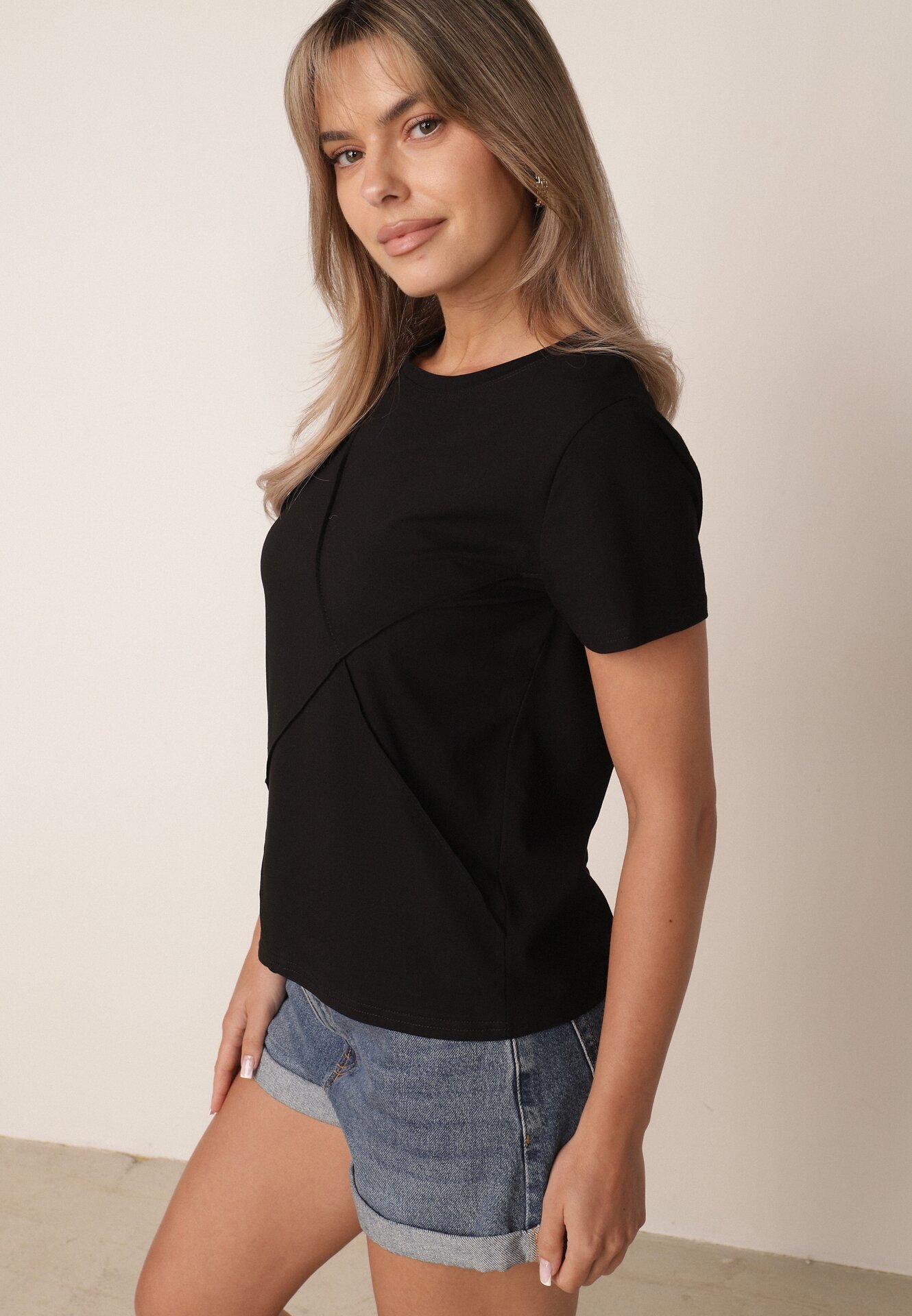 rosse line T-shirt clasic din bumbac decorat cu cusături rombice Onissa Negru