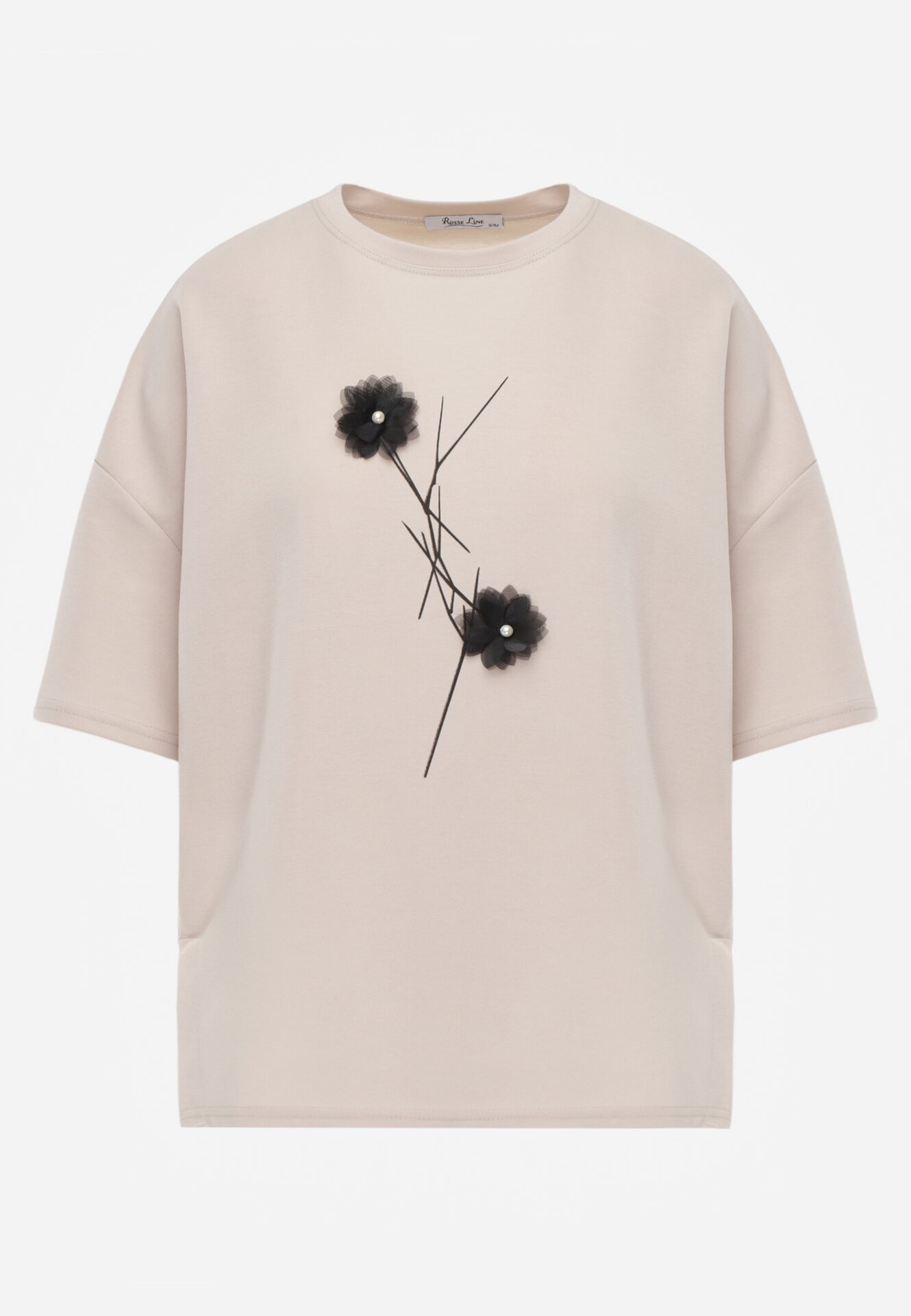 rosse line T-shirt din viscoză cu mărgele și flori 3D Rossalie Bej deschis