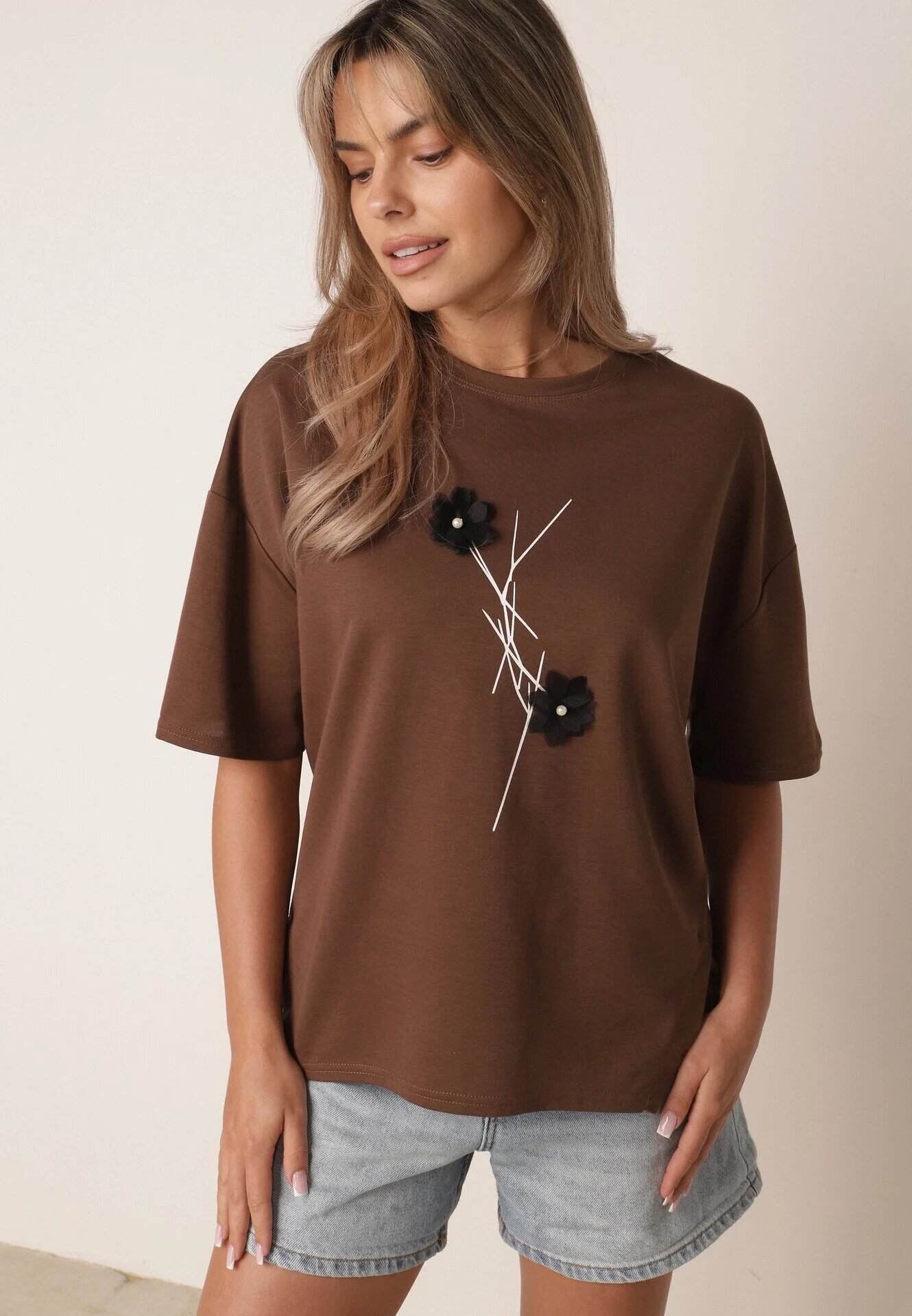 rosse line T-shirt din viscoză cu mărgele și flori 3D Rossalie Maro