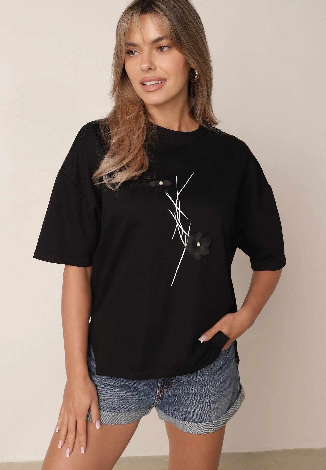 rosse line T-shirt din viscoză cu mărgele și flori 3D Rossalie Negru