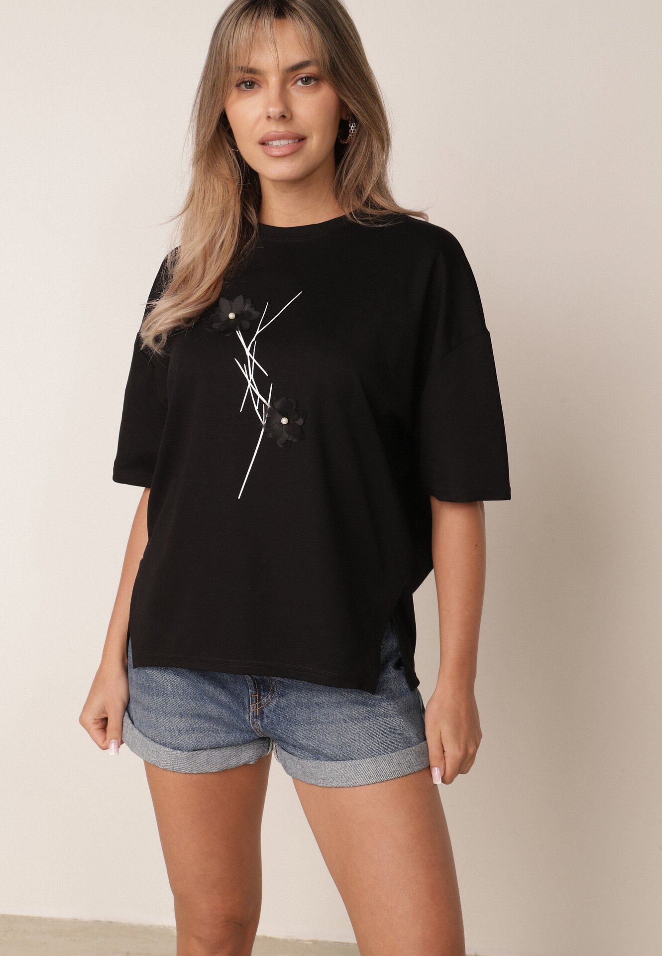 rosse line T-shirt din viscoză cu mărgele și flori 3D Rossalie Negru